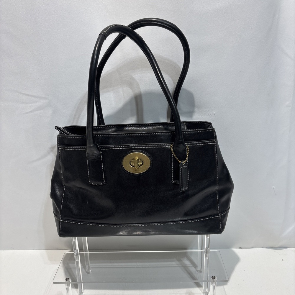 Vintage 2007 Coach Y2K Hamptons Madeline Black Leather Turnlock 12482 Tote Bag